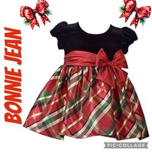 BONNIE JEAN SPECIAL OCCASION DRESS BLK VELVET W RED GREEN GOLD METALLIC PLAID